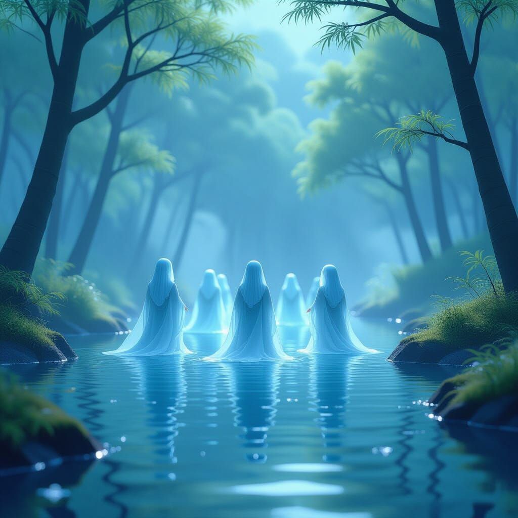 Ethereal Japanese Water Spirits in 3D Anime Style