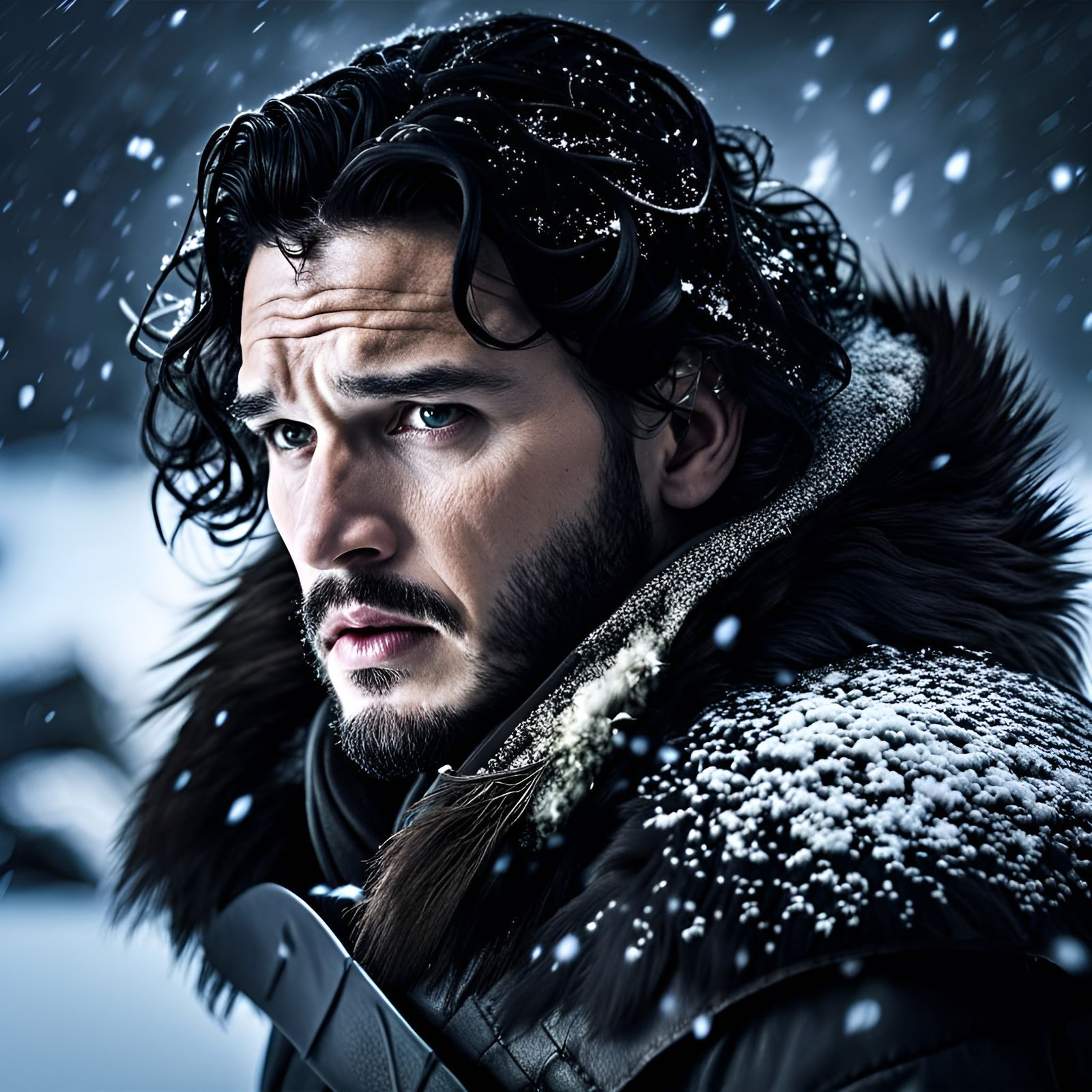 Hyperrealistic Portrait of Jon Snow in Snow