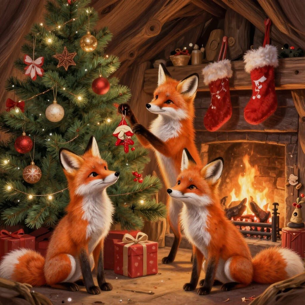 An adorable family of foxes decorating a Christmas tree