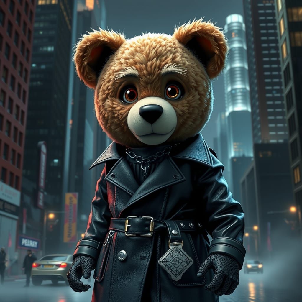 Cyberpunk Teddy Bear in Dystopian Cityscape