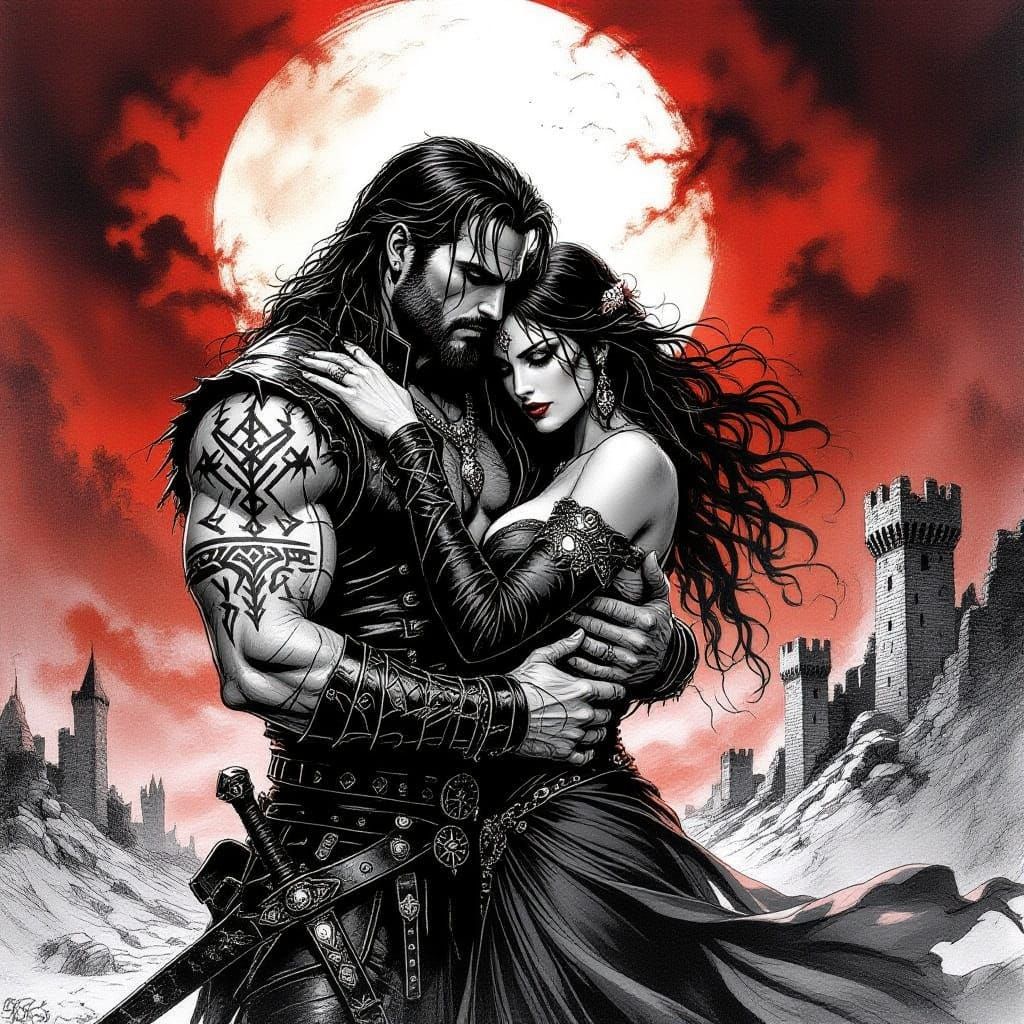 Warrior and Sorceress Embrace Under Ominous Moon