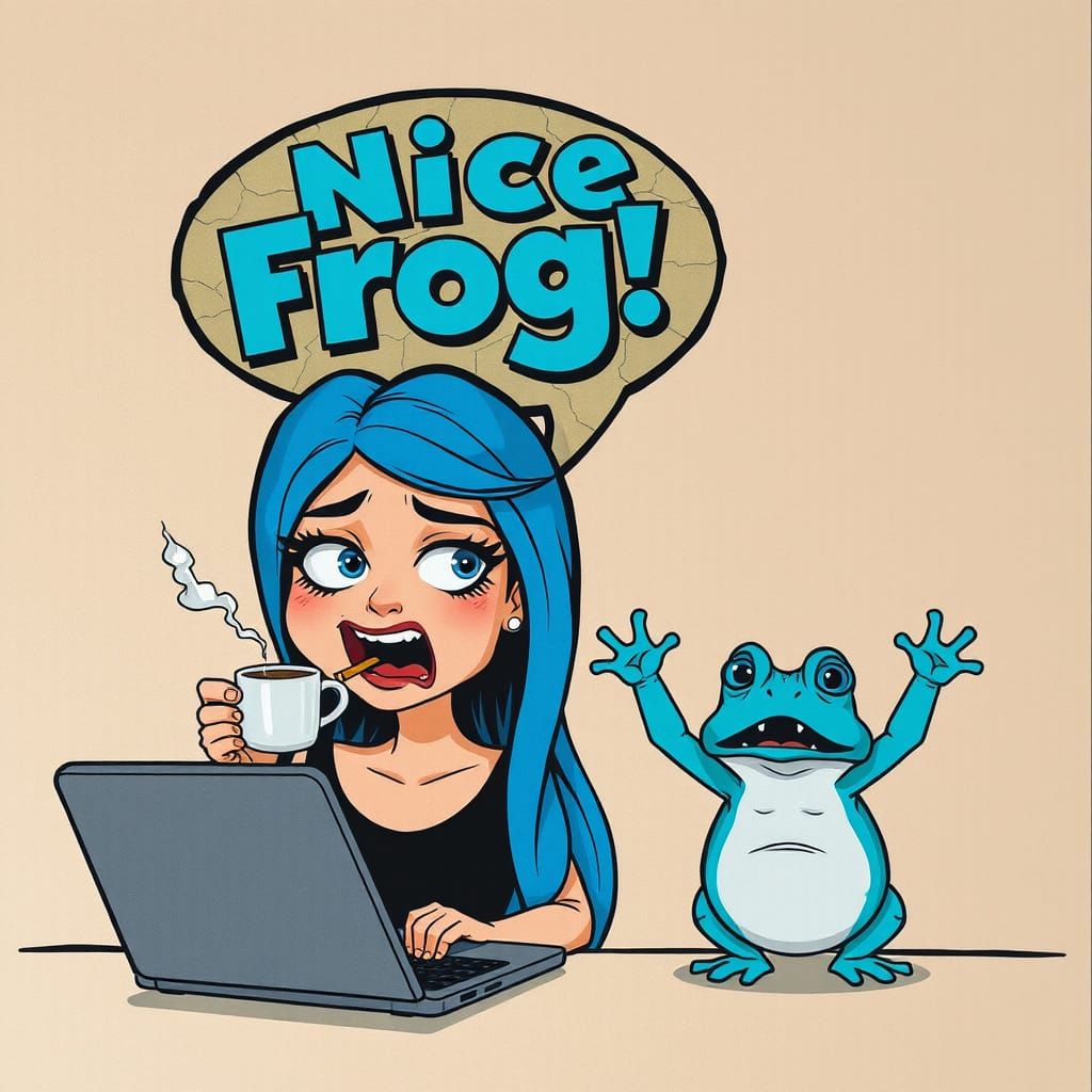 In the style of R. CRUMB, at the top of the canvas floats a ...