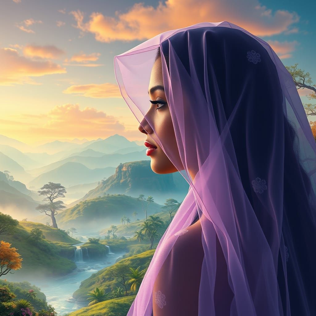 Serene Sri Lankan Goddess in Ethereal Landscape