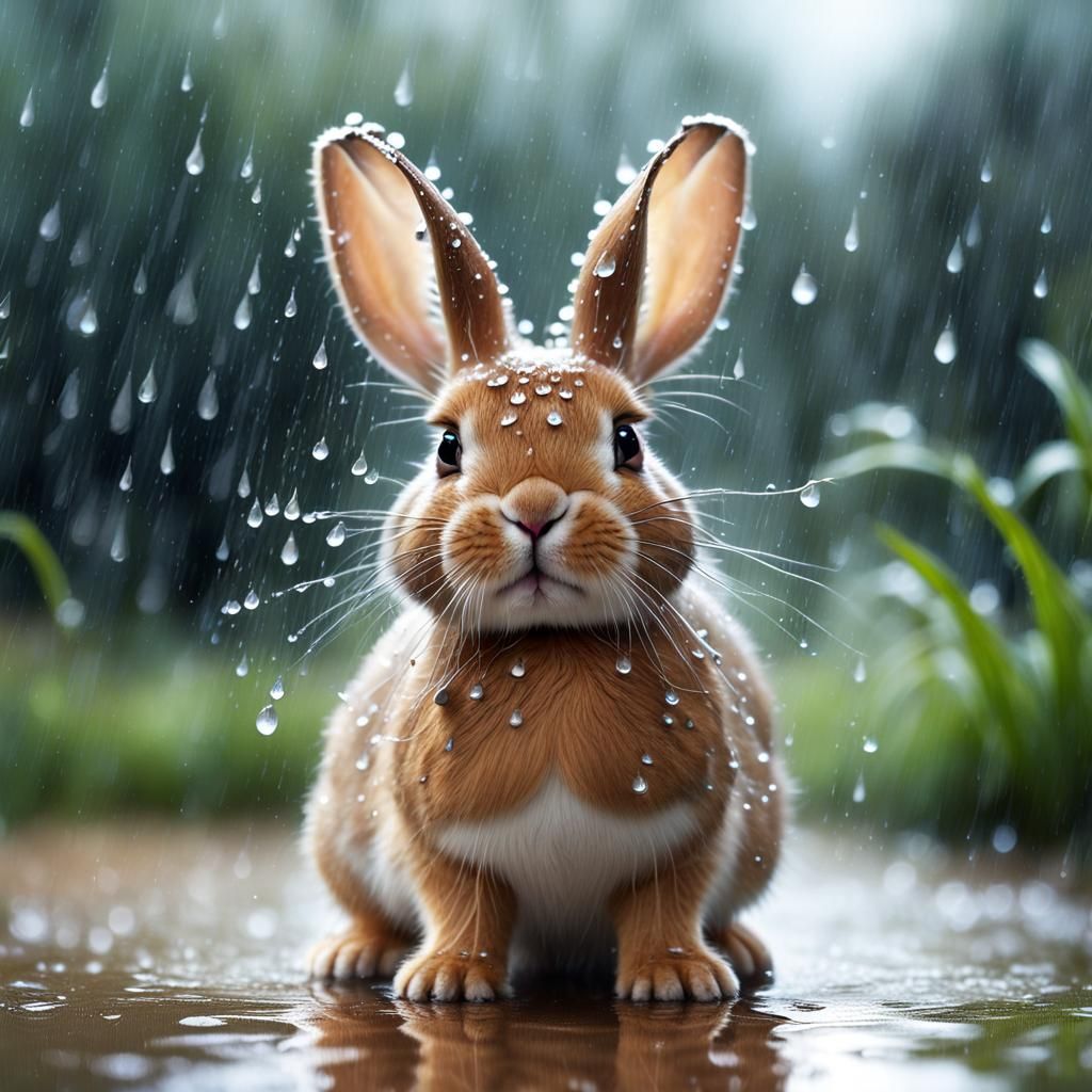 Bunny in the Rain: A Fairytale Scene