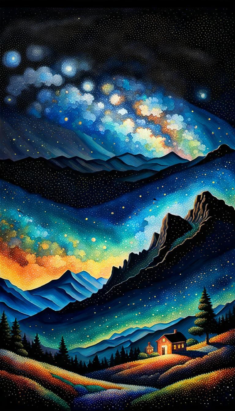 Milky Way Over Mountains, Pointillism Style