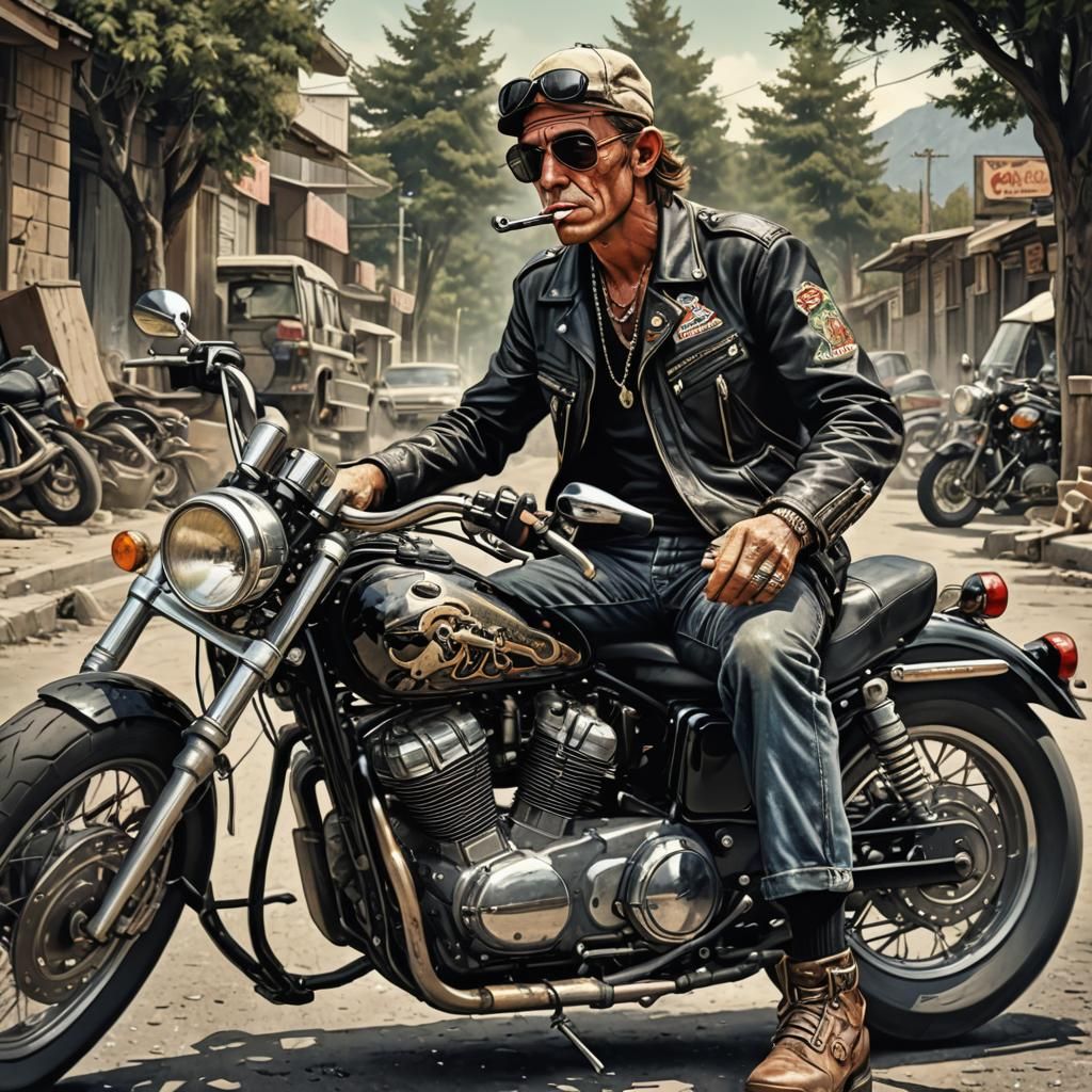 Anime Hunter S Thompson on Motorcycle, Hyperrealistic