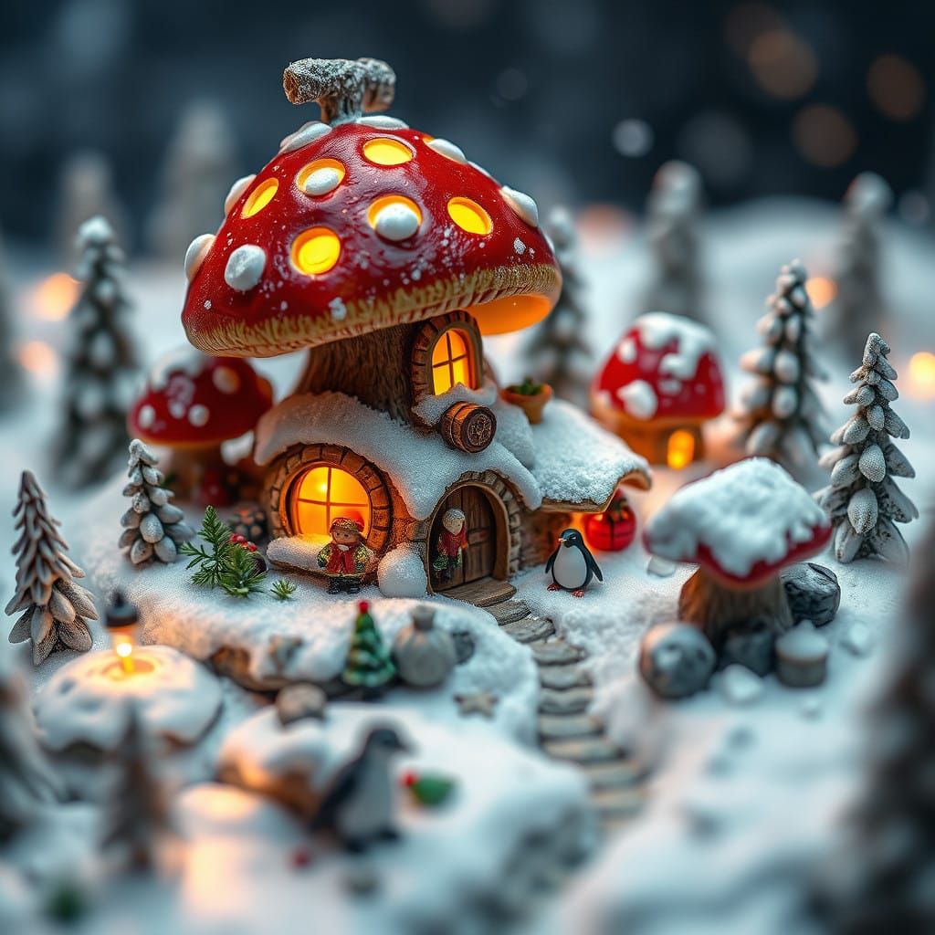 an incredibly tiny microscopic, beautiful mushroom village, ...