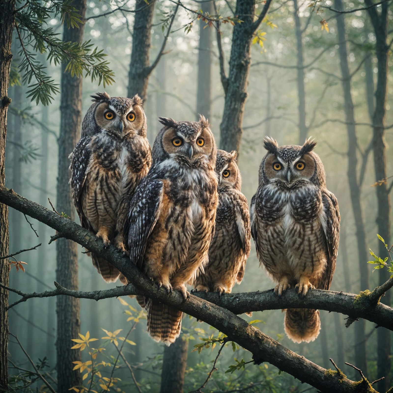 Colorful Fluffy Owls on Branch: Cinematic Still