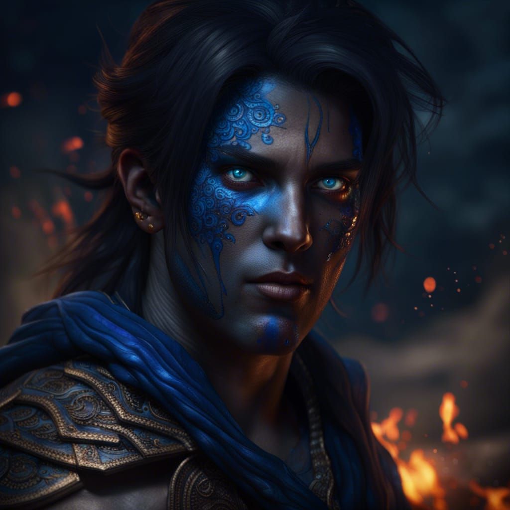 Intricate Fantasy Art: Man with Burning Blue Eyes