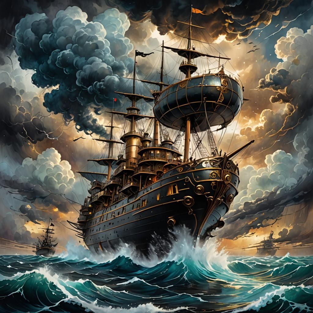 Steampunk Skyship Emerges in Dramatic Ink Painting Style