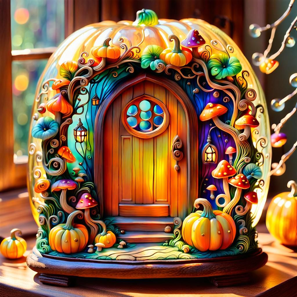 Whimsical Glass Pumpkin Wonderland in Vibrant Oil Painting
