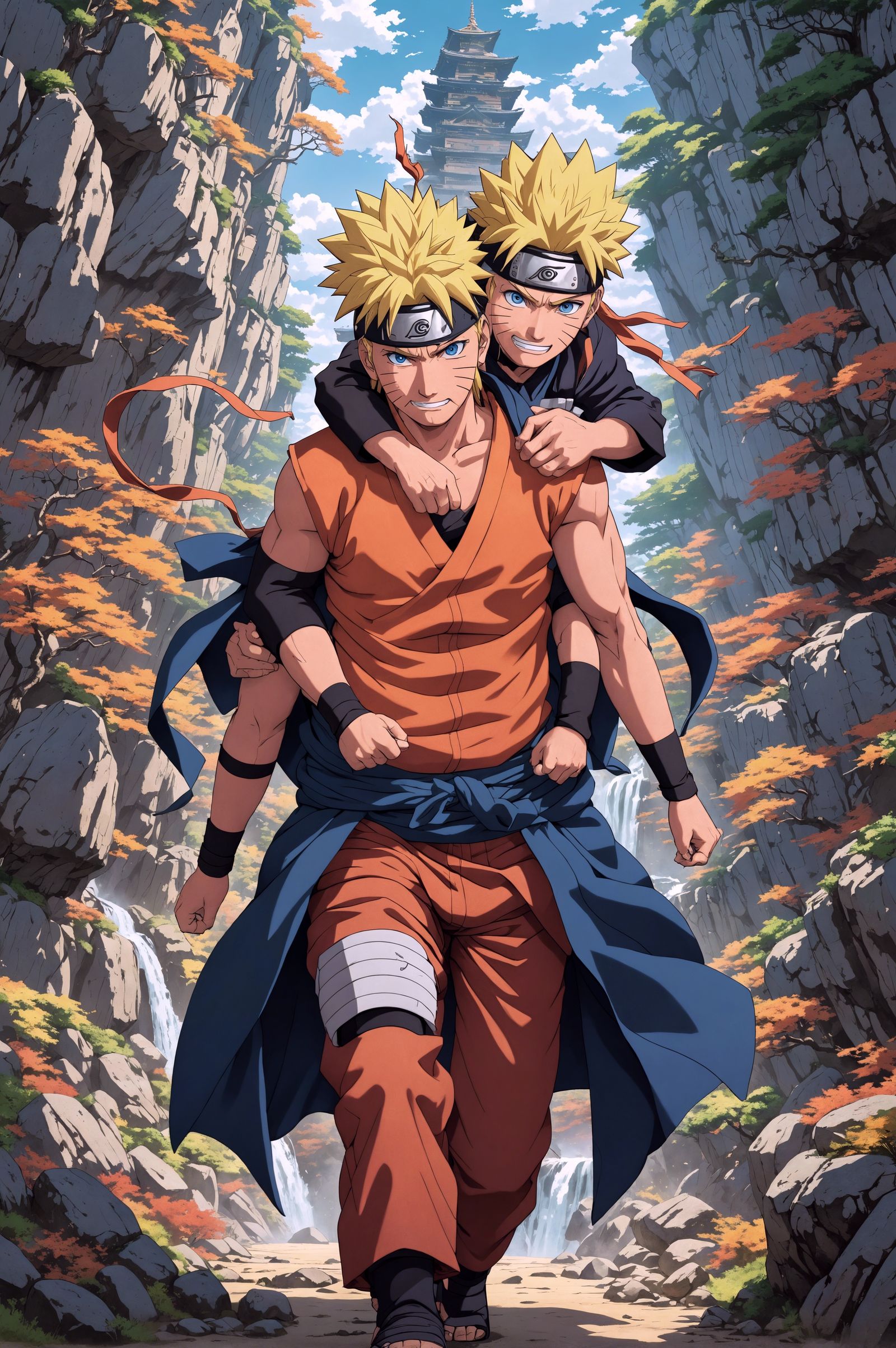 Jiraiya and Naruto in Bustling Anime Cityscape