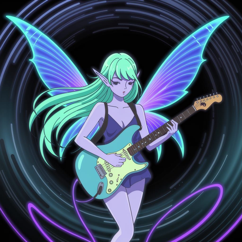 Glowing Fairy Guitarist in Neon Anime Style