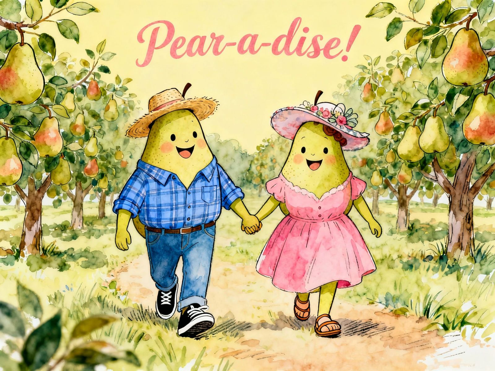 Whimsical Pear Couple in Orchard