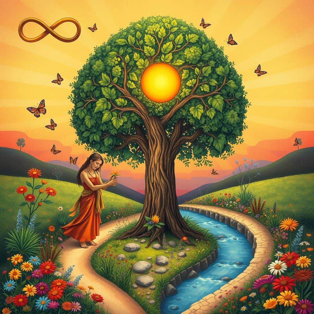 Symbolic Tree of Life in Folk Art Style