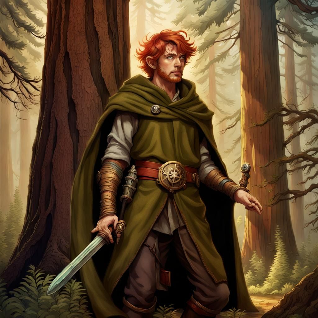 Red-Haired Elf in Ancient Sequoia Forest, Detailed Matte Pai...