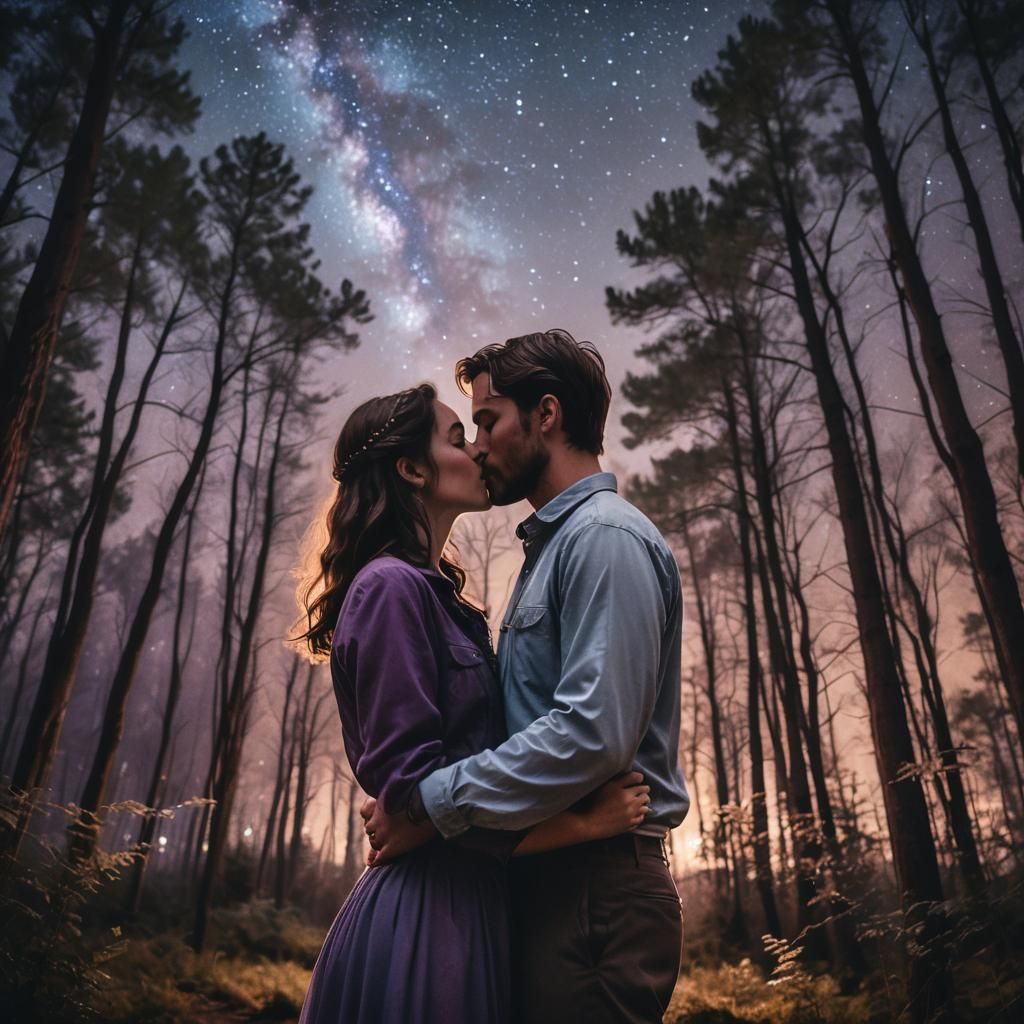 Romantic Couple Kissing Under Stars in Forest Clearing
