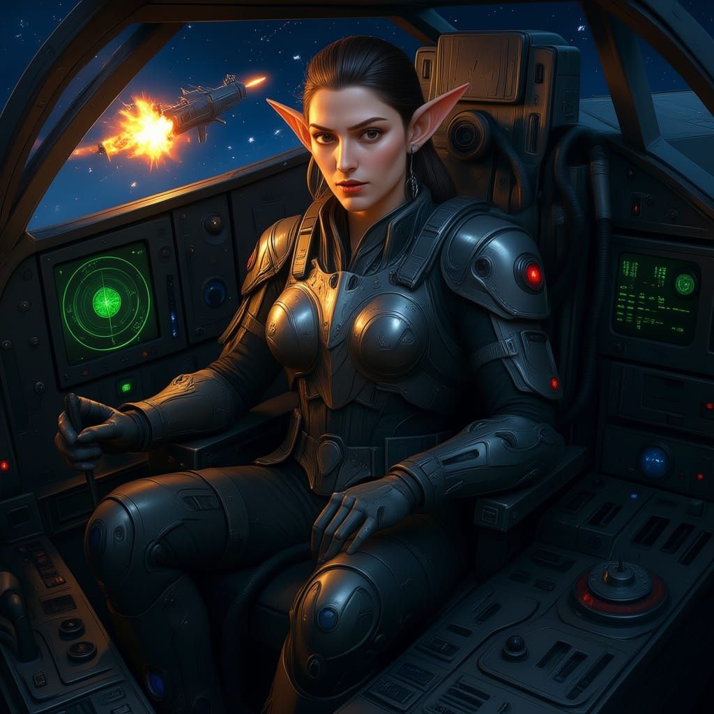 Dark Elf Pilot in Sci-Fi Cockpit, Fantasy Concept Art Style