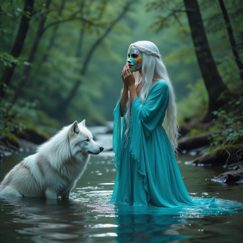 Woman Removes Mask in River, Watched by Wolf