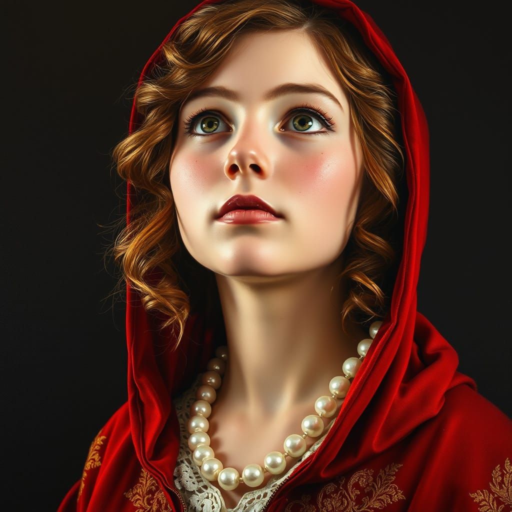 Elegant Young Woman in Crimson Velvet Cloak