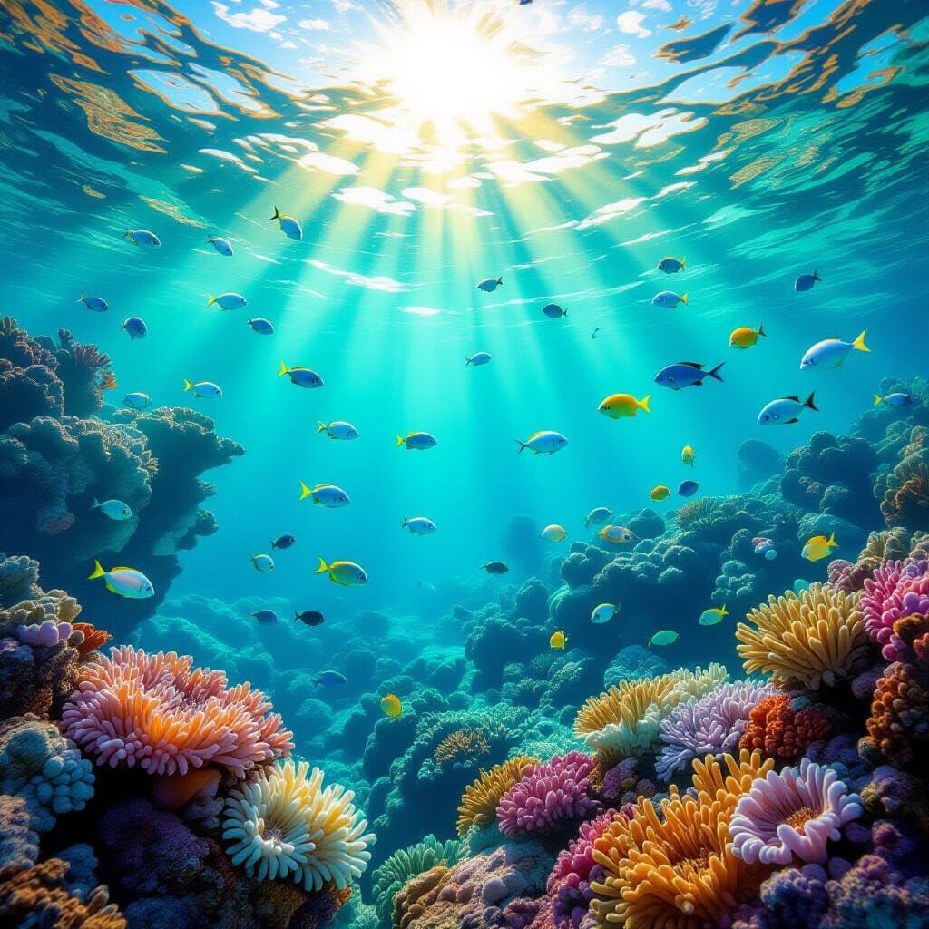 Vibrant Coral Reef With Exotic Fish and Dappled Sunlight