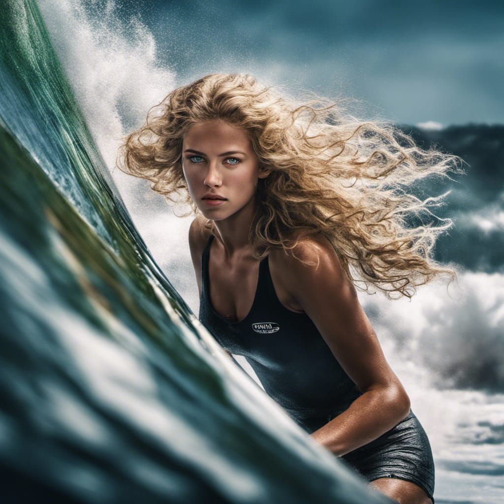 Hyperrealistic Surfer Girl Riding Big Waves