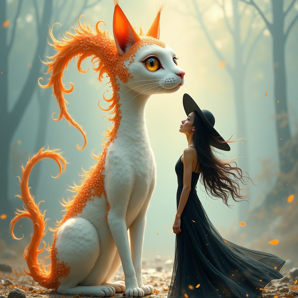 Surreal Cat with Woman in Dreamy Landscape