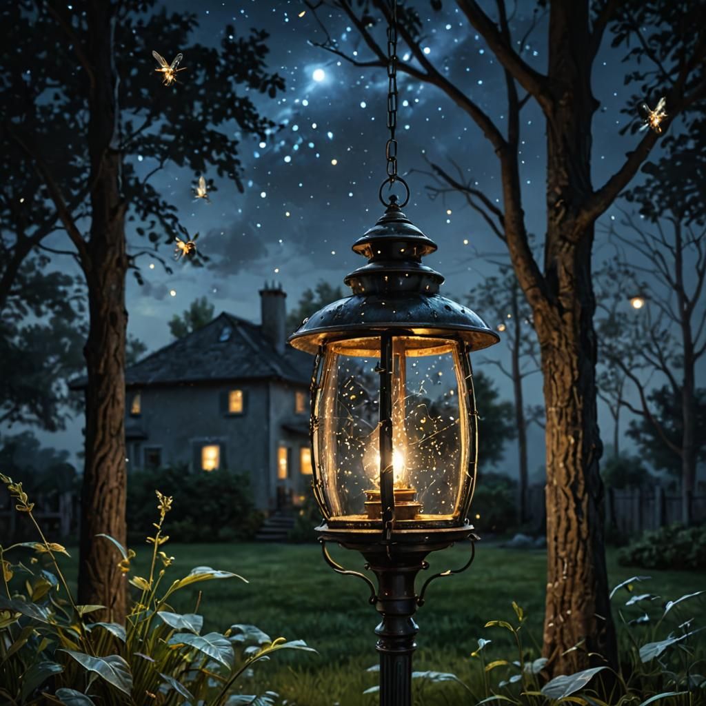 Fireflies Buzzing Around Lamp, Photorealistic Oil Painting