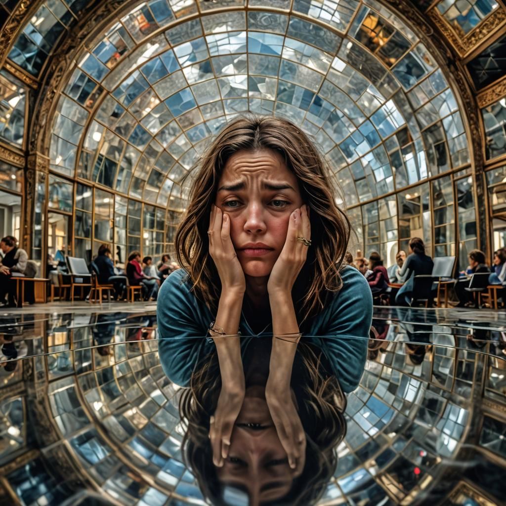 Woman in Mirrored Dome: Hyperrealistic 64 Megapixel Image