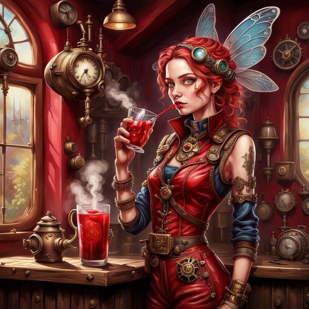 Steampunk Fairy Sipping a Drink, Hyperrealistic Art