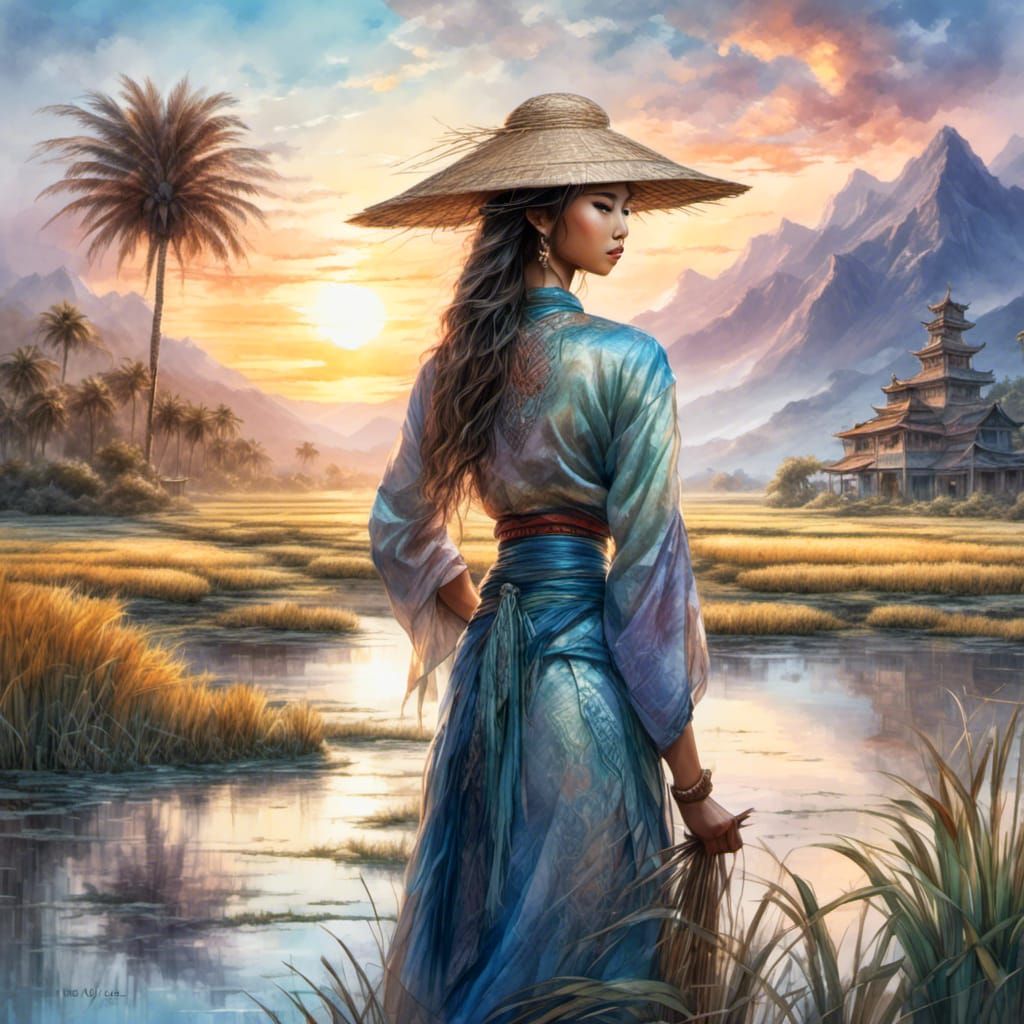 Rice Field Sunset: Mystical Island Concept Art