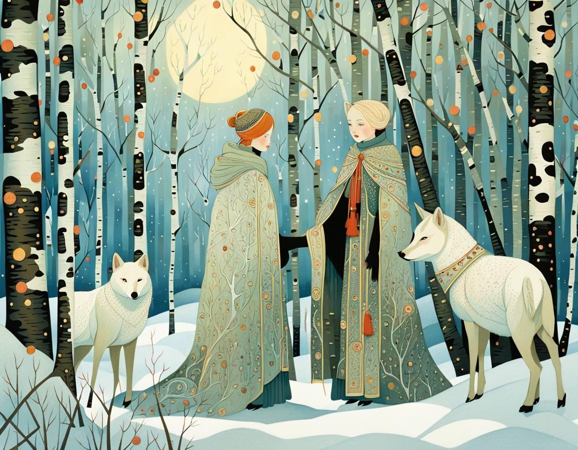 Girl in Winter Birch Forest, Expressive Illustration