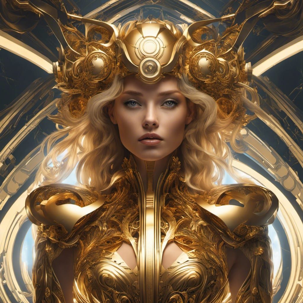 Golden Cybernetic Woman Portrait in Art Nouveau Style