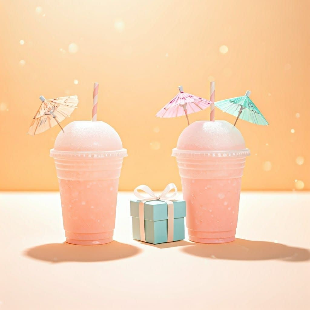 Pastel Slush Cups Holding Gift in Dreamy Summer Scene