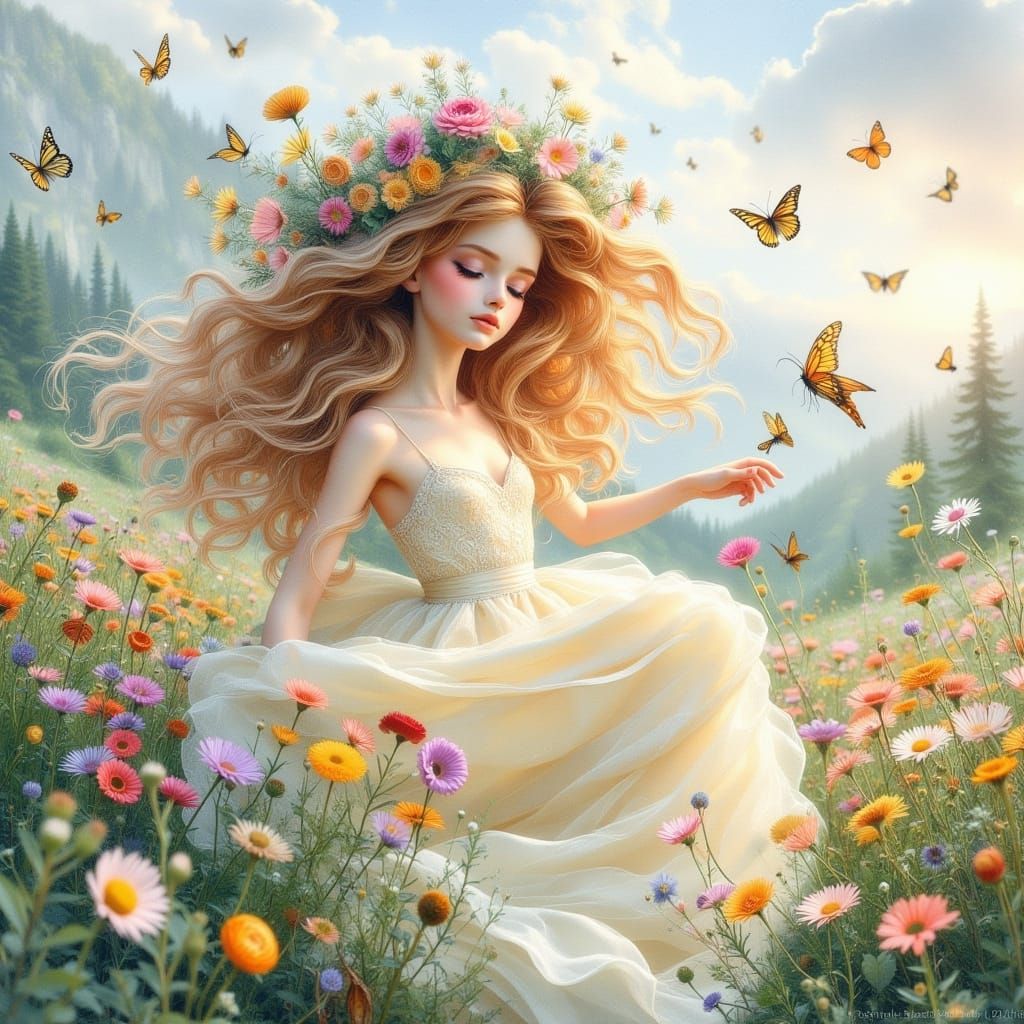 Whimsical Floral Goddess in Dreamy Landscape