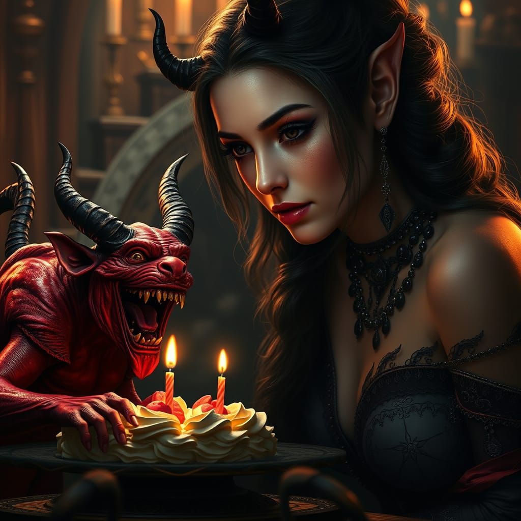 Beautiful Woman Watches Devil Eat Cake In Detailed Setting