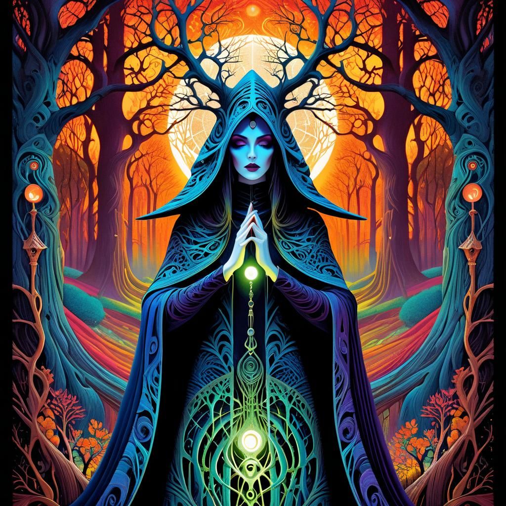 Eerie Tapestry: Blind Witch in Mystical Grove