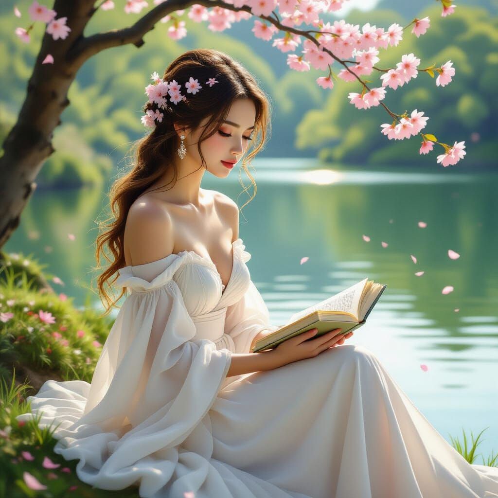 Serene Woman by Lake in Ethereal Blossom Glow