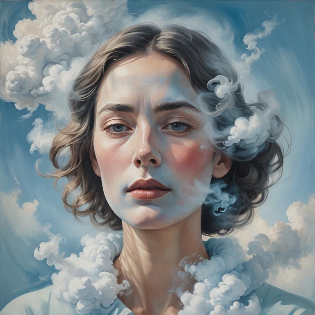 Ethereal Woman in Cloud of Smoke: Surrealist Oil Portrait