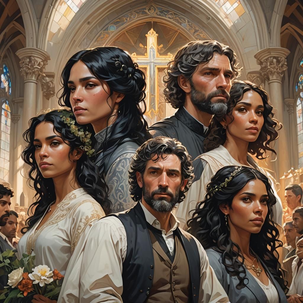 Three People in Church: Hyperdetailed Portrait