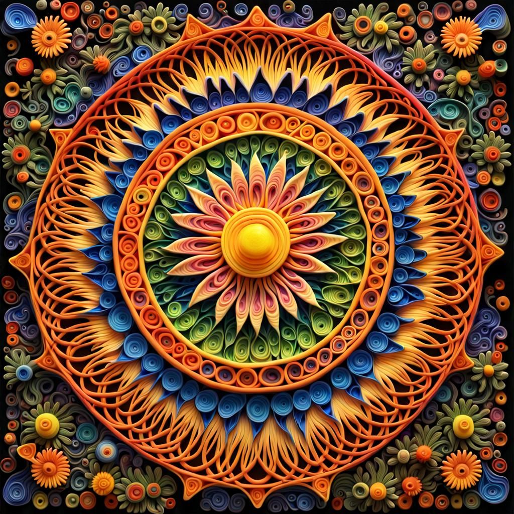 Psychedelic Quilled Mandala Sun Over Colorful Forest
