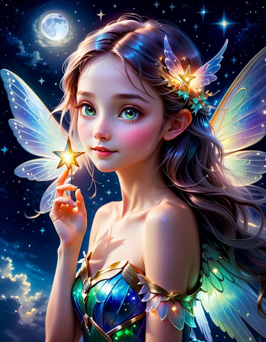 Ethereal Fairy in Starry Sky, as Watercolor Art