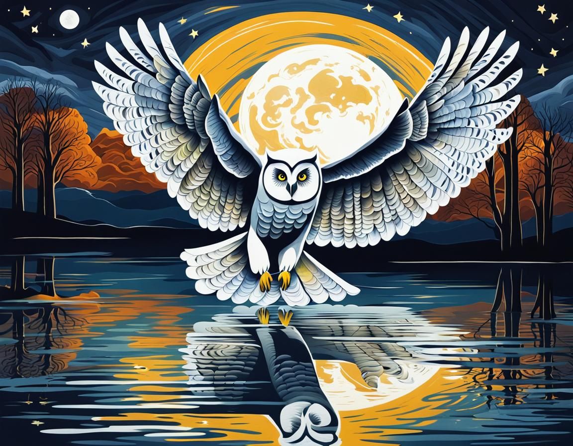 White Owl Soaring Over Moonlit Lake: Abstract Art