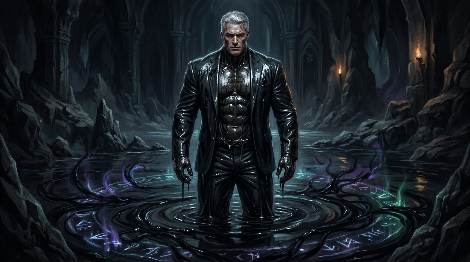 Muscular Man Coated in Latex Standing in Dark Lake