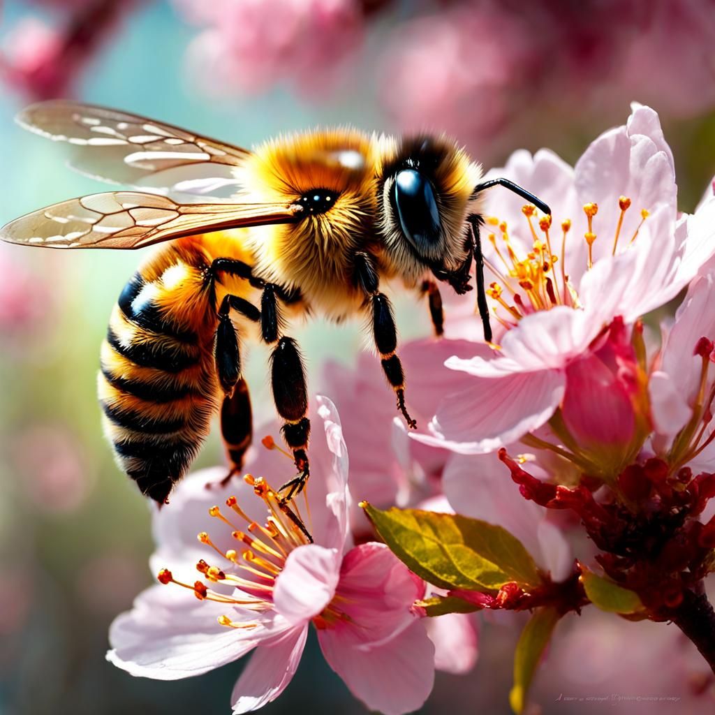 Honey Bee on Cherry Blossom Close-Up