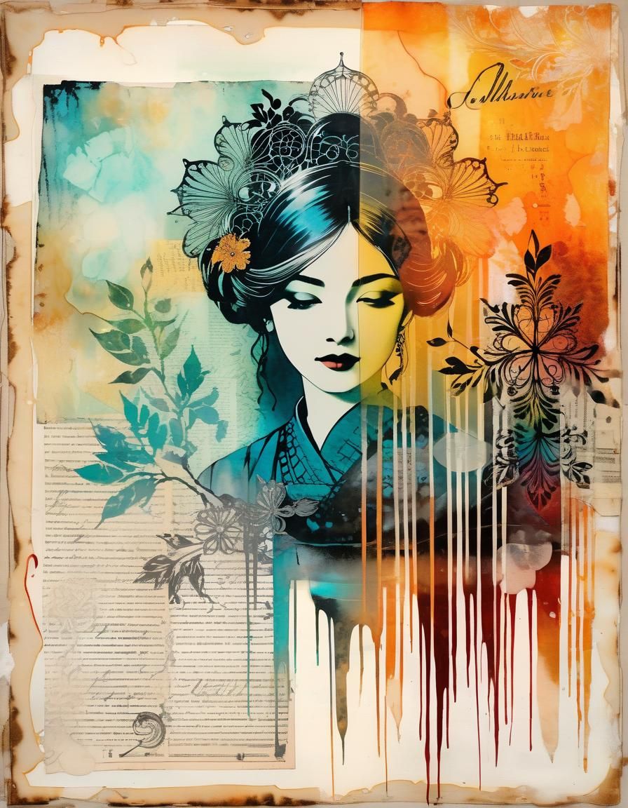 Mongolian Woman Filling Jug: Mixed Media Encaustic Painting