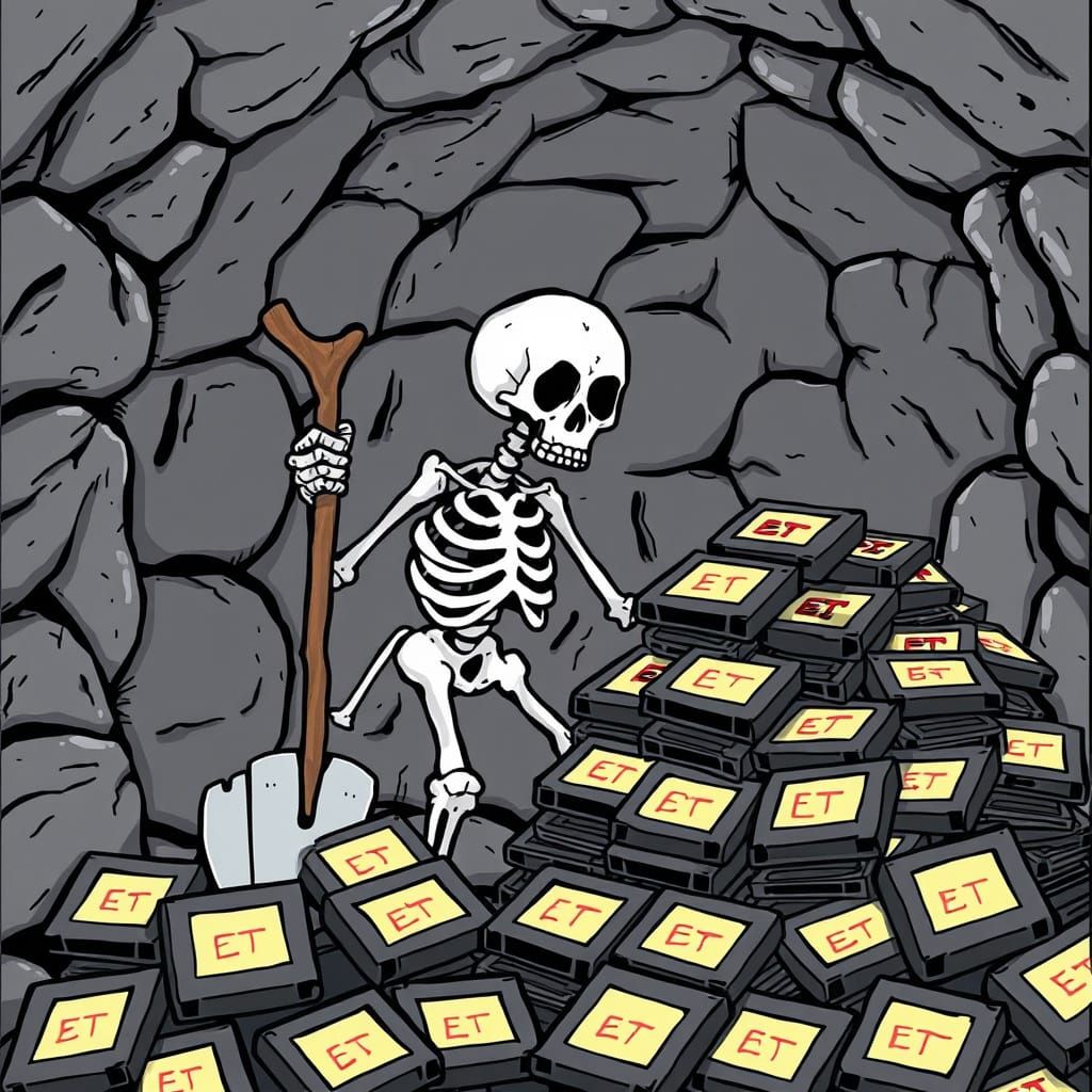 Skeleton Digging Up Atari ET Games in Crypt