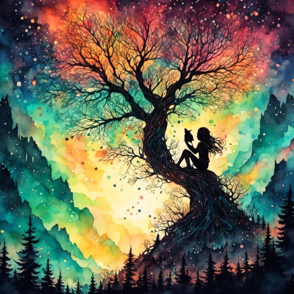 Fairy Silhouette Watching Aurora: Watercolor Art