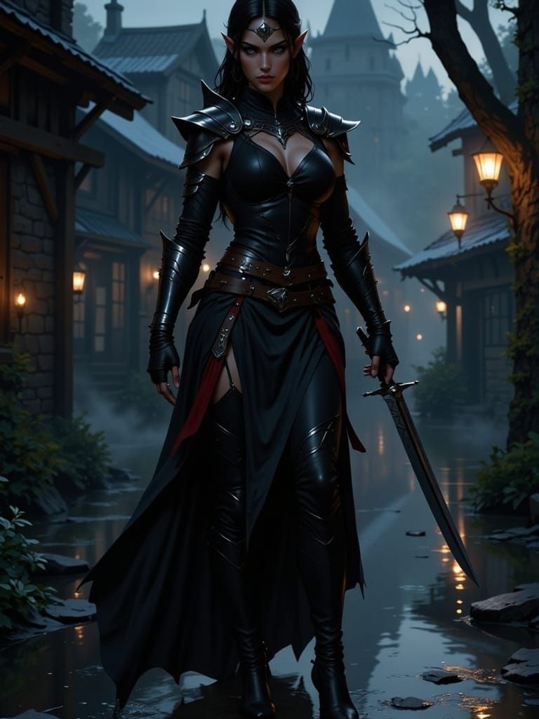 Elf Assassin in Medieval Village at Night