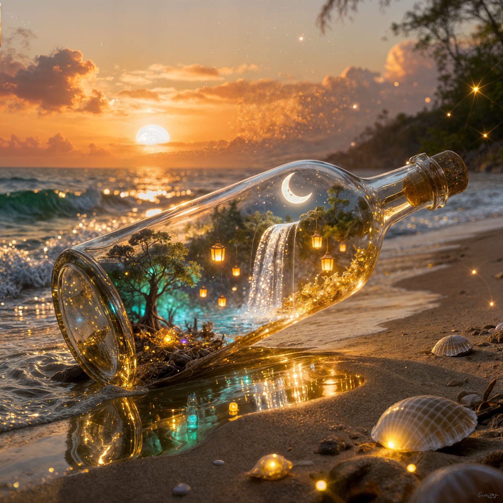 Glass Bottle Universe on Beach at Golden Sunset